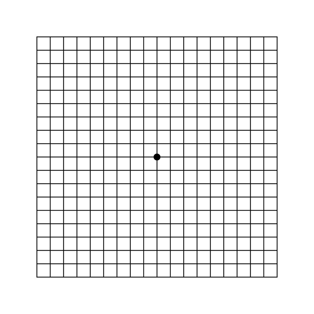 Amsler Sehtest bestehend aus einem Gitter mit einem schwarzen Punkt in der Mitte