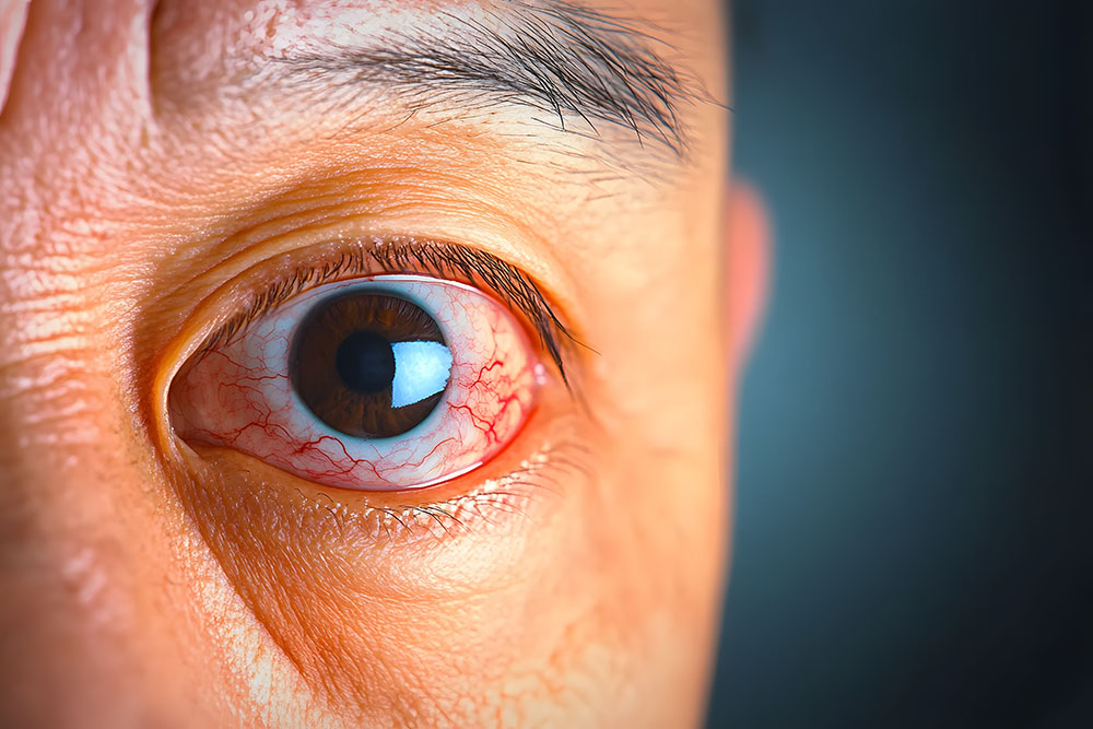 Nahaufnahme eines geröteten Auges welches von Diabetes betroffen ist