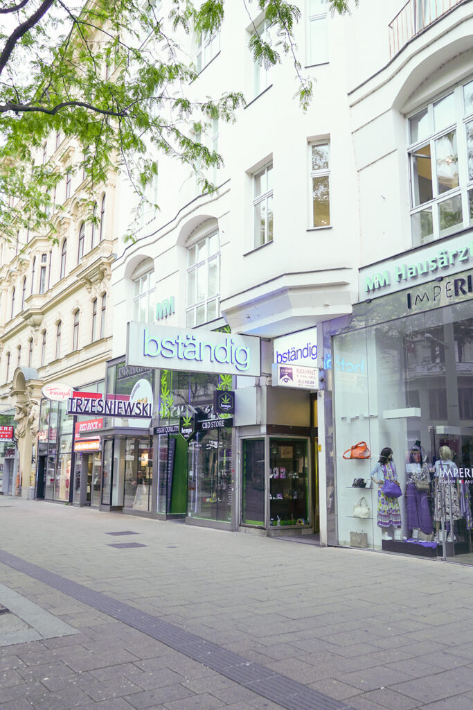 Ansicht einer Einkaufsstraße mit vielfältigen Schauläden