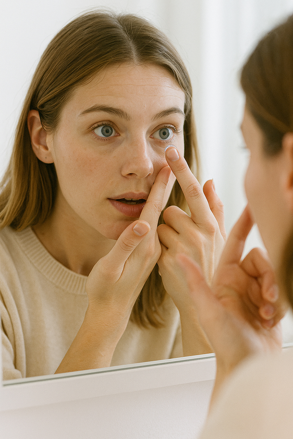 Frau vor Spiegel setzt ihre Kontaktlinsen ins Auge ein