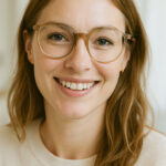 Frau mit langen Haaren und Brille in Pullover