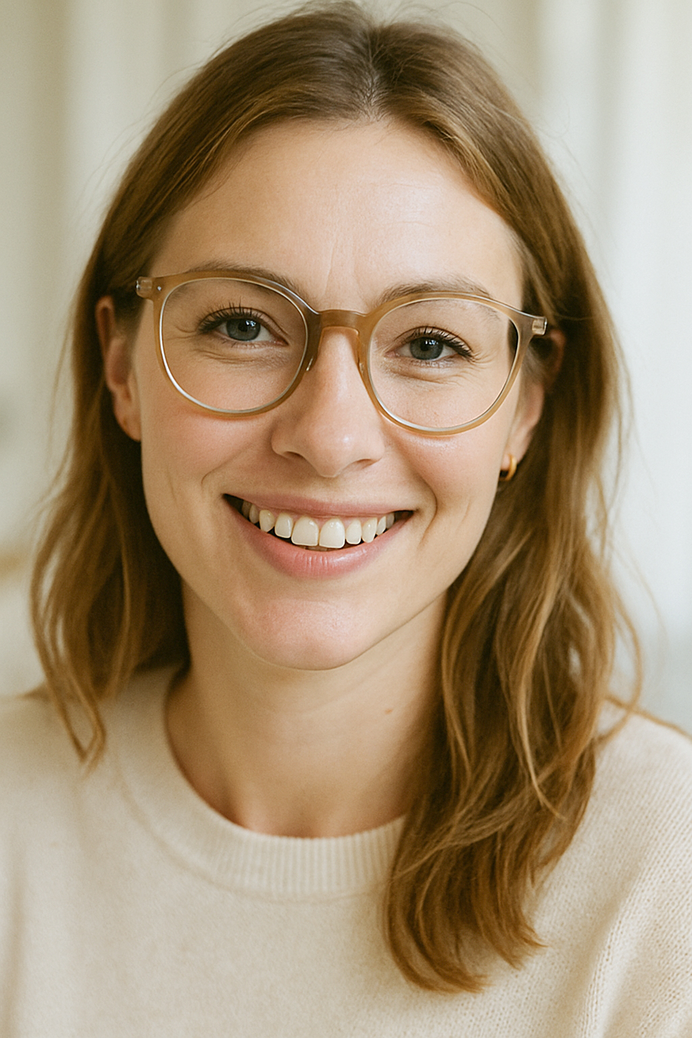Frau mit langen Haaren und Brille in Pullover