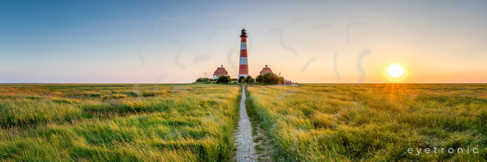  Fliegende Mücken vor Auge aufgrund einer Glaskörpertrübung, im Hintergrund Gräserlandschaft mit Steinweg und Leuchtturm