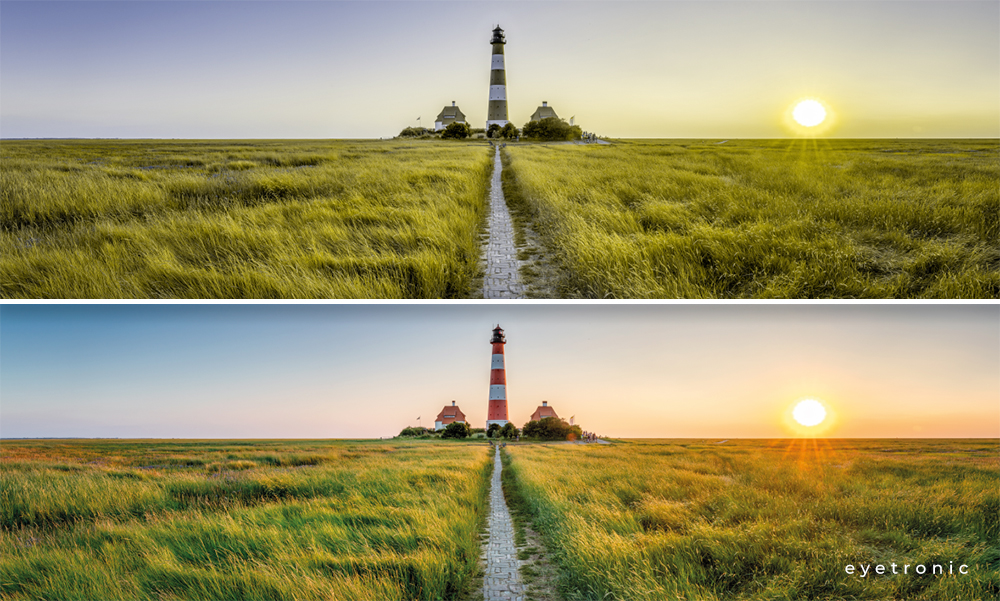 Rotblindheit veranschaulicht durch zwei Varianten einer Gräserlandschaft mit Steinweg und Leuchtturm